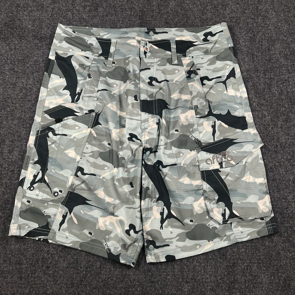 AFTCO Shorts Mens 32 Green Camo Tactical Fishing Cargo Camping Outdoor M82